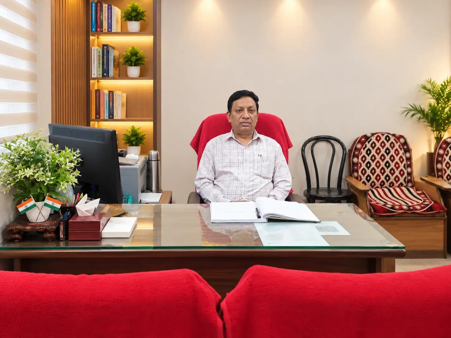 A man seated at a glass-topped desk in the office, with bookshelves behind him and chairs for visitors